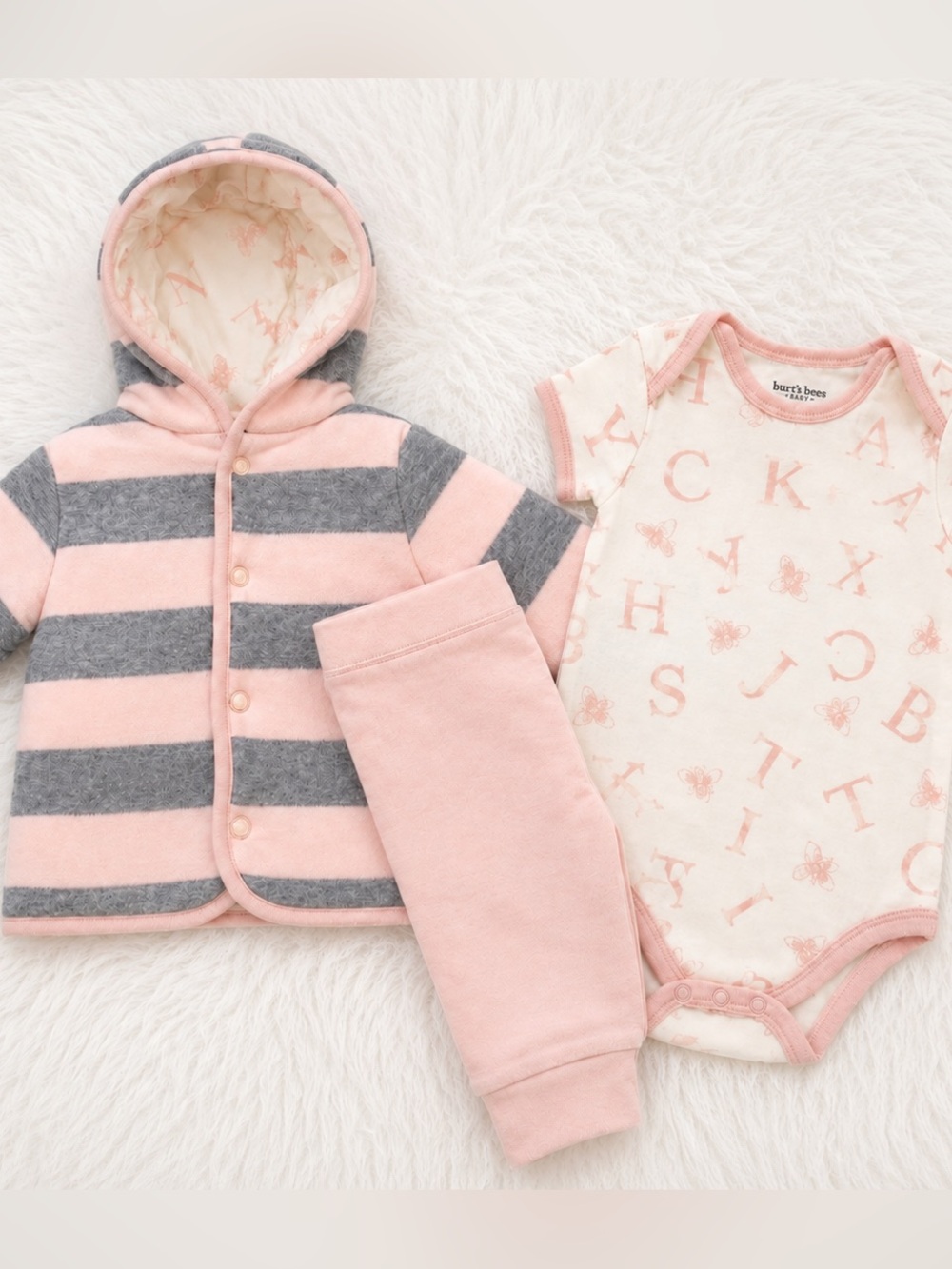 Burt's Bees Baby Pink & Gray Stripe Hooded Set - 3-Piece Matching Outfit